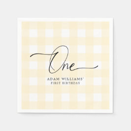 Yellow Gingham First Birthday Paper Napkin Serviette