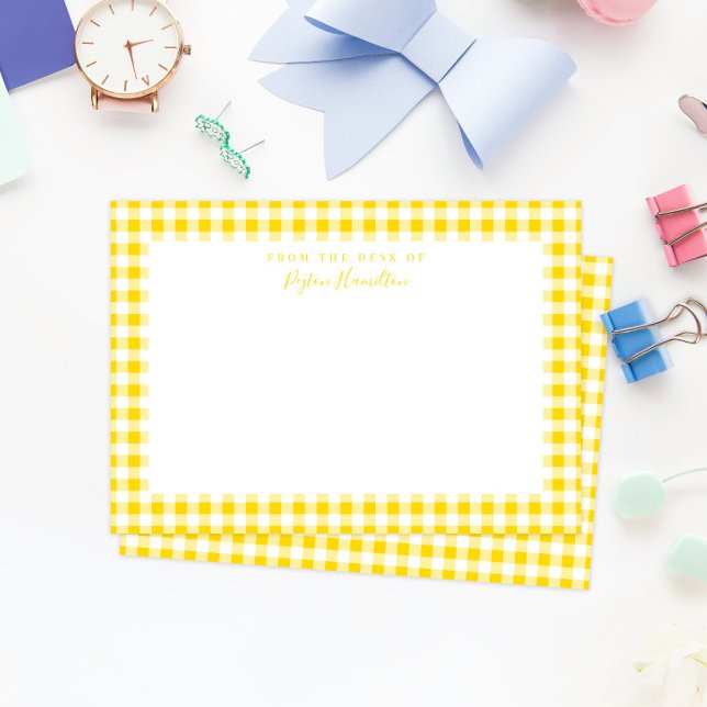 Yellow Gingham Karo Personal Stationery Dankeskarte (sunny yellow gingham check pattern personal stationery for adults and kids)