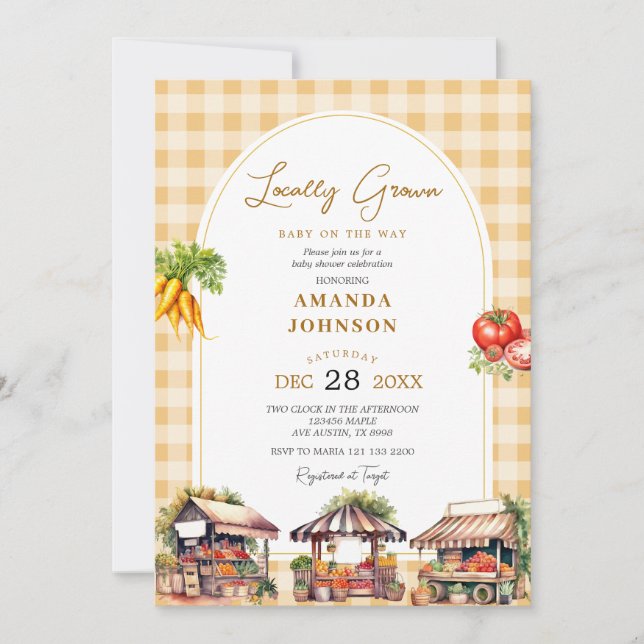 Yellow Gingham Locwn Grown Veggies Baby Shower Einladung (Vorderseite)