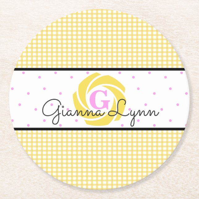 Yellow Gingham Mit Monogramm Runder Pappuntersetzer (Vorderseite)