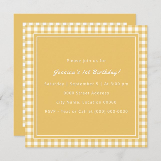 Yellow Gingham Monogram Birthday Party Einladung (Vorne/Hinten)