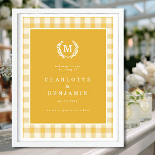 Yellow Gingham Monogram Wappen Wedding Welcome Poster