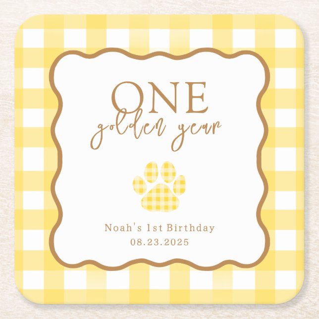 Yellow Gingham One Golden Year First Birthday Rechteckiger Pappuntersetzer (Vorderseite)