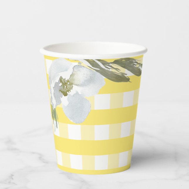 Yellow Gingham Party Tableware Wasserfarbe Blume Pappbecher (Vorderseite)