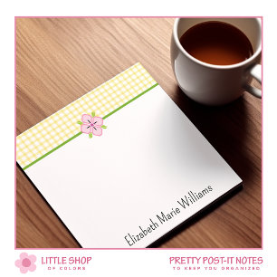 Yellow Gingham Pink Floral Personalisiert Post-it Klebezettel