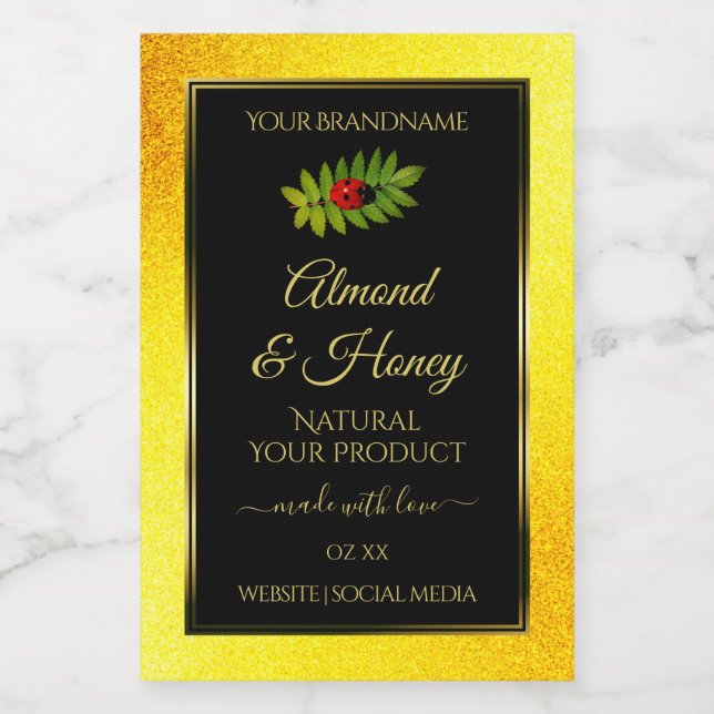 Yellow Glitzer Black Product Labels Ladybug Leaf Lebensmitteletikett (Einzelnes Label)