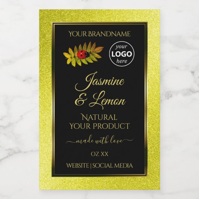 Yellow Glitzer Black Product Labels Ladybug Logo Lebensmitteletikett (Einzelnes Label)