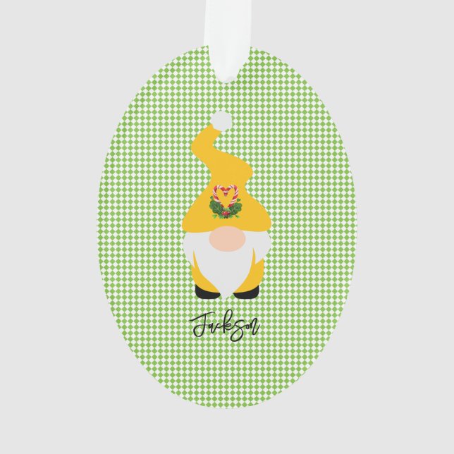 Yellow Gnome Green Karo NAME Jahr Weihnachtsspass Ornament (Rückseite)
