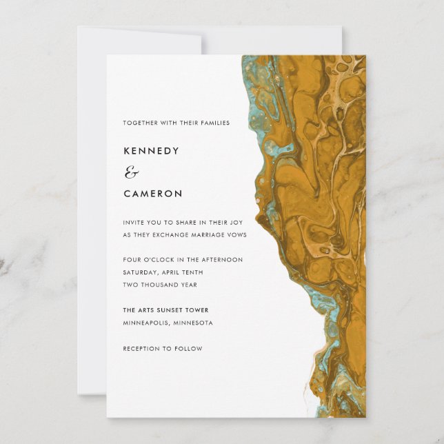 Yellow Gold & Aqua Minimalistische Marmorhochzeit Einladung (Vorderseite)