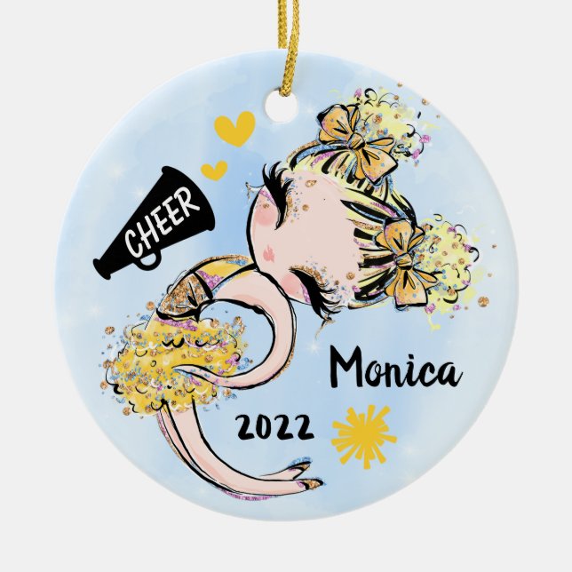 Yellow Gold Cheerleader Girl Ornament Blonde Hair (Vorne)