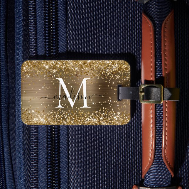 Yellow Gold Glitzer Brushed Metal Monogram Script Gepäckanhänger (Vorderseite Insitu 4)