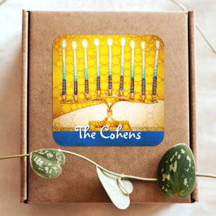 Yellow Gold Hanukkah Menorah Eleganter Individuell Quadratischer Aufkleber