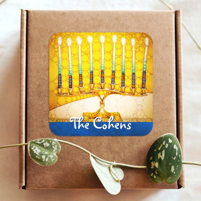 Yellow Gold Hanukkah Menorah Eleganter Individuell Quadratischer Aufkleber (Von Creator hochgeladen)