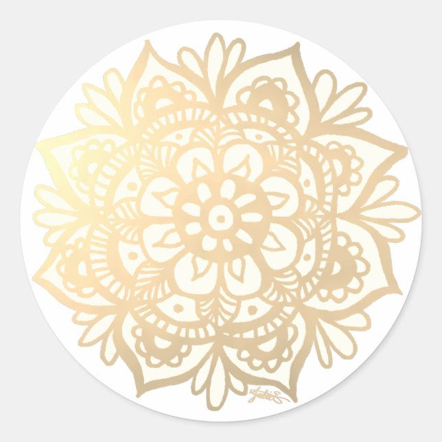 Yellow Gold Mandala Blume Runder Aufkleber (Vorderseite)
