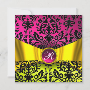 YELLOW GOLD RIBBON FUCHSIA BLACK DAMASK MONOGRAMM EINLADUNG