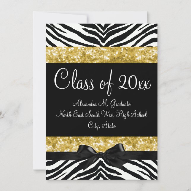 Yellow Gold Sparkle Zebra Bow Abschluss Einladung (Vorderseite)