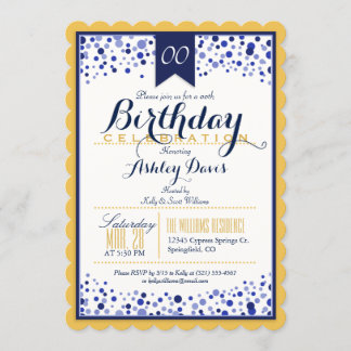 Yellow Gold, White, Navy Blue Birthday Party Einladung