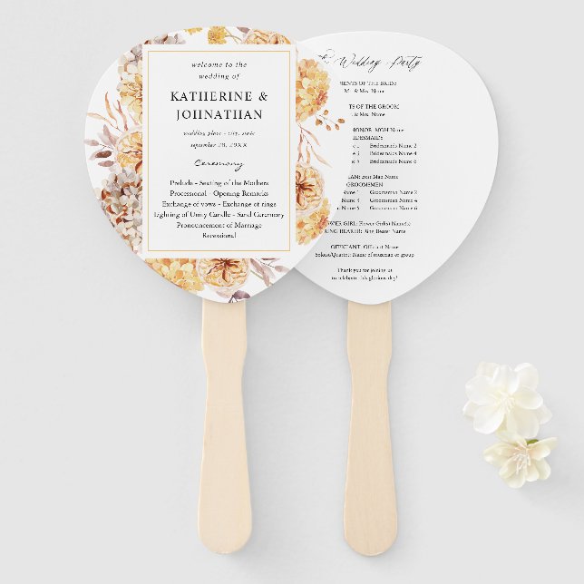 Yellow Golden Floral Wedding Program Hand Fan 2 Fächer (Vorne und Hinten)