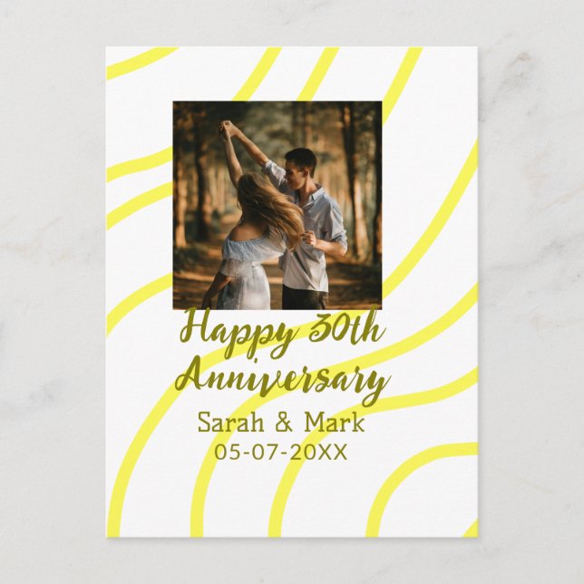 Yellow golden photo 30th wedding anniversary name  postkarte (Vorderseite)