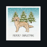 Yellow Golden Retriever Blue Winter Christmas Serviette<br><div class="desc">Desteis originelle Cartoon-Illustration einer niedlichen gelben Fell Farbe Golden Retriever Hund züchten. Der Hund ist in einer Winterlandschaft mit drei grünen Tannenbäumen und fallendem Schnee untergebracht. Der Hintergrund ist ein blaues bis weißes Gefälle, das das Design des kalten Wintertages verleiht. Es gibt auch einen personalisierbaren Textbereich, der jetzt lautet: "Frohe...</div>