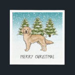 Yellow Golden Retriever Blue Winter Christmas Serviette<br><div class="desc">Desteis originelle Cartoon-Illustration einer niedlichen gelben Fell Farbe Golden Retriever Hund züchten. Der Hund ist in einer Winterlandschaft mit drei grünen Tannenbäumen und fallendem Schnee untergebracht. Der Hintergrund ist ein blaues bis weißes Gefälle, das das Design des kalten Wintertages verleiht. Es gibt auch einen personalisierbaren Textbereich, der jetzt lautet: "Frohe...</div>