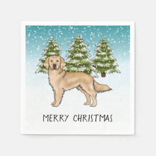 Yellow Golden Retriever Blue Winter Christmas Serviette
