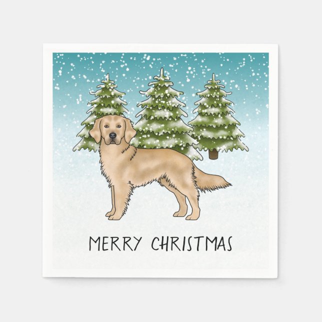 Yellow Golden Retriever Blue Winter Christmas Serviette (Vorderseite)