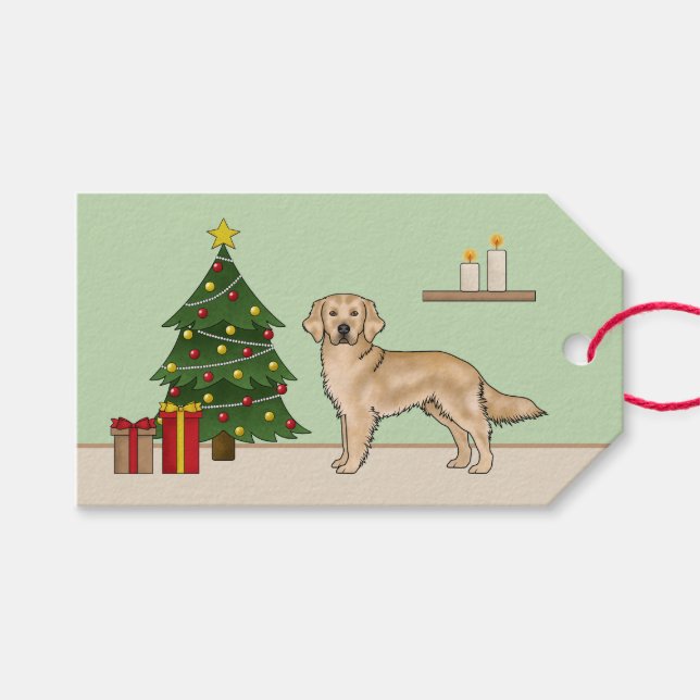 Yellow Golden Retriever Cartoon Dog Weihnachtsbaum Geschenkanhänger (Vorderseite (Horizontal))