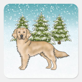 Yellow Golden Retriever Dog Blue Snowy Weihnachten Quadratischer Aufkleber