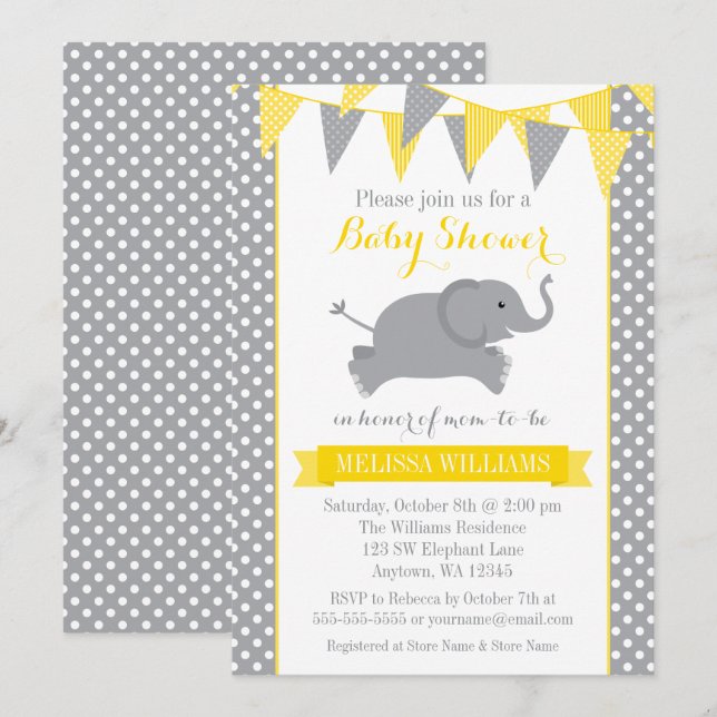 Yellow Graue Elephant Polka Dot Bunting Baby Shoot Einladung (Vorne/Hinten)
