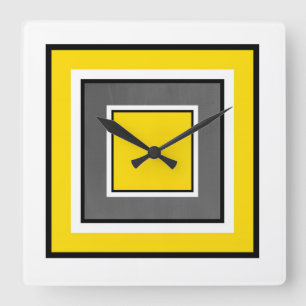 Yellow Gray Black Squares Quadratische Wanduhr
