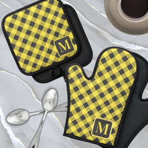 Yellow Gray Buffalo Kariert Gingham Monogram Niedl Ofenhandschuh & Topflappen-Set