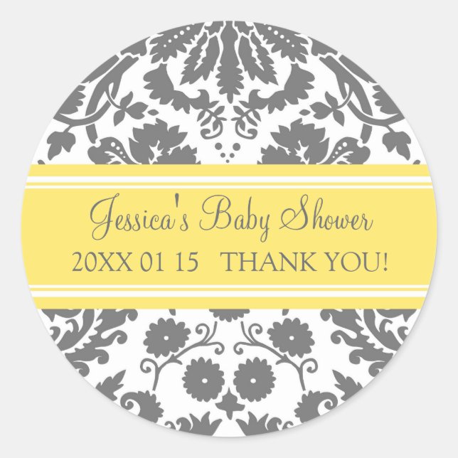 Yellow Gray Damask Baby Dusche Pflegeaufkleber Runder Aufkleber (Vorderseite)