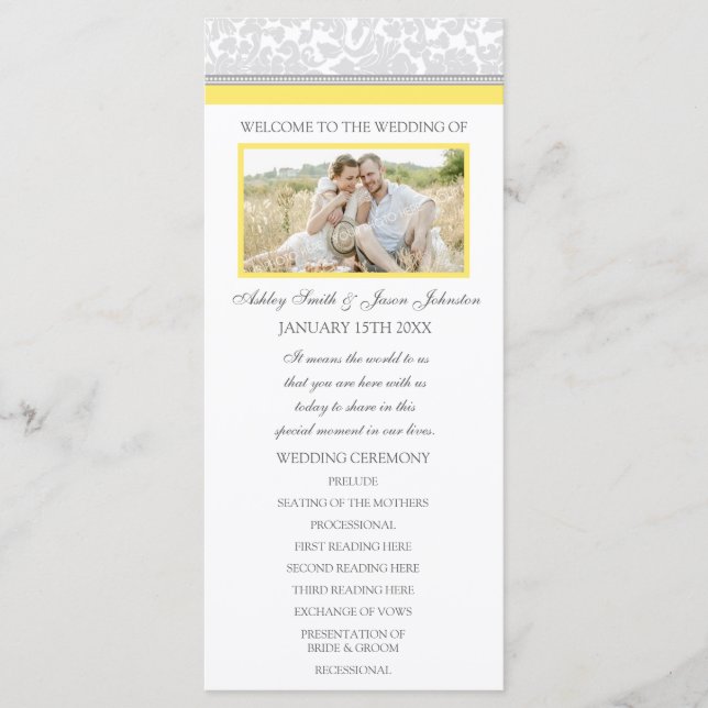 Yellow Gray Damask Foto Hochzeitsprogramm Programm (Vorderseite)