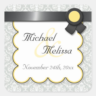 Yellow & Gray Damask Wedding Favor Stickers