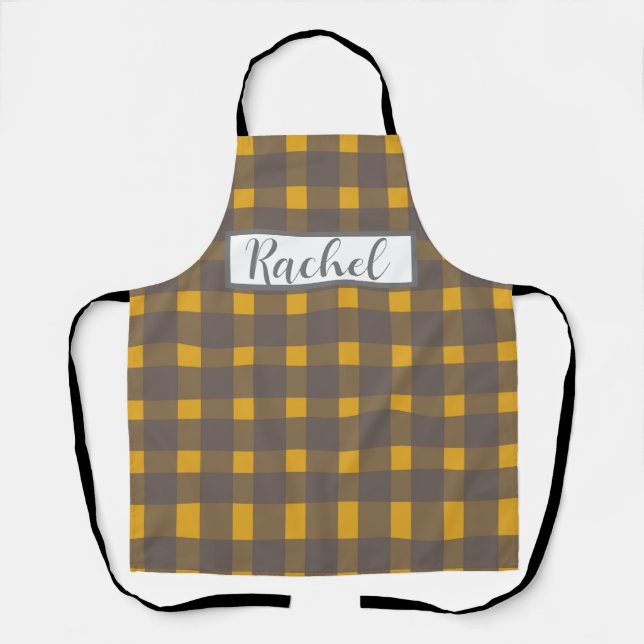 Yellow Gray Gingham Personalisiert Schürze (Vorderseite)