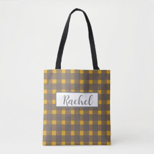 Yellow Gray Gingham Personalisiert Tote Bag