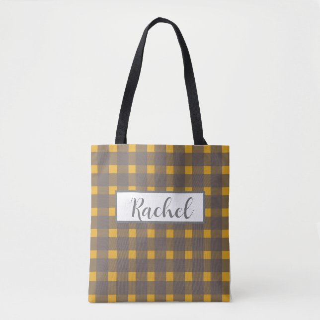 Yellow Gray Gingham Personalisiert Tote Bag (Vorderseite)