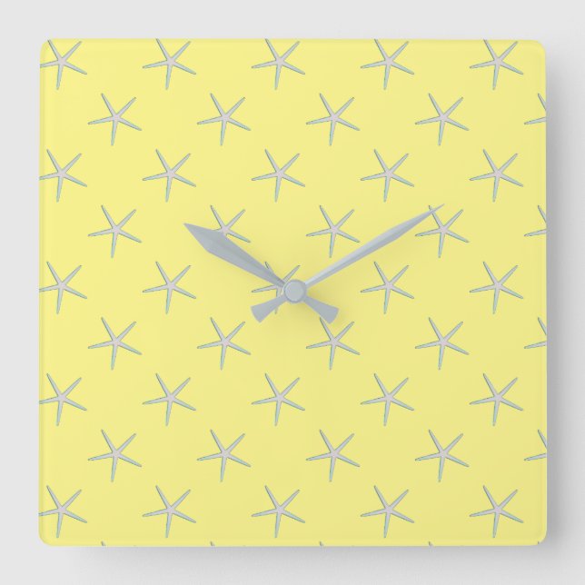 Yellow Gray Grey Teal Starfish Patterns Modern Quadratische Wanduhr (Vorderseite)
