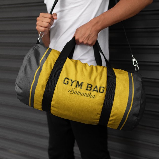 Yellow & Gray Sport Typography Gym Bag Custom Name Duffle Bag (Von Creator hochgeladen)