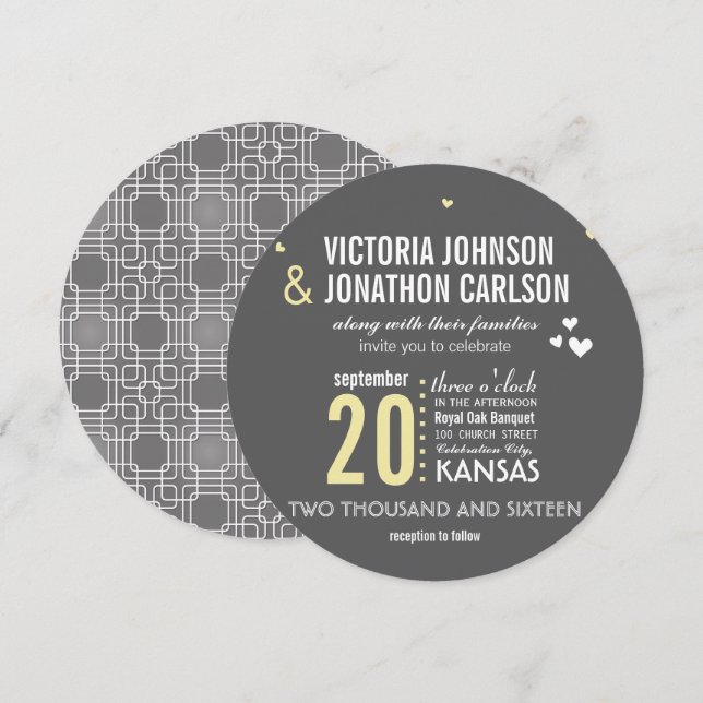 Yellow Gray Trendy Geometric Typografy Wedding Einladung (Vorne/Hinten)