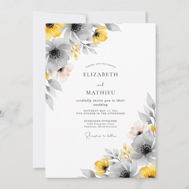 Yellow Gray Vivid Botanical Wedding Einladung (Vorderseite)