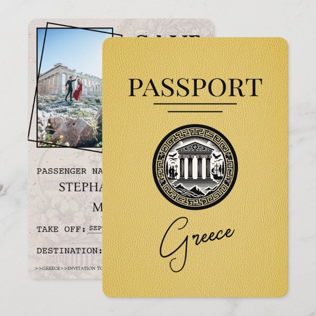 Yellow Greece Passport Save the Date Card (Vorne/Hinten)