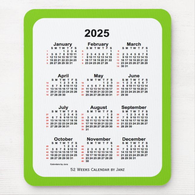 Yellow Green 52 Week Calendar von Janz 2025 Mousepad (Vorne)