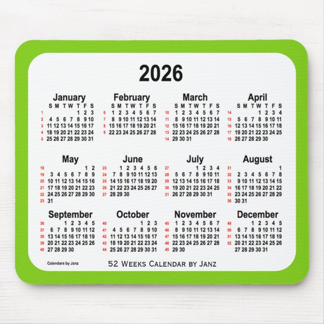 Yellow Green 52 Weeks Calendar von Janz 2026 Mousepad (Vorne)