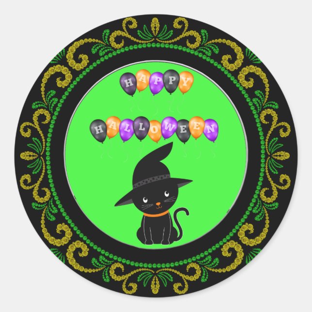 Yellow Green Black Cat Happy Halloween Balloons Runder Aufkleber (Vorderseite)