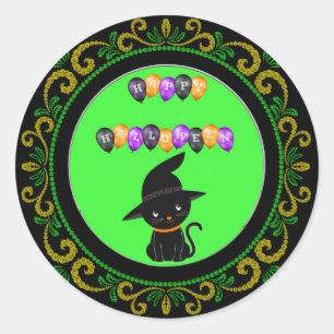 Yellow Green Black Cat Happy Halloween Balloons Runder Aufkleber