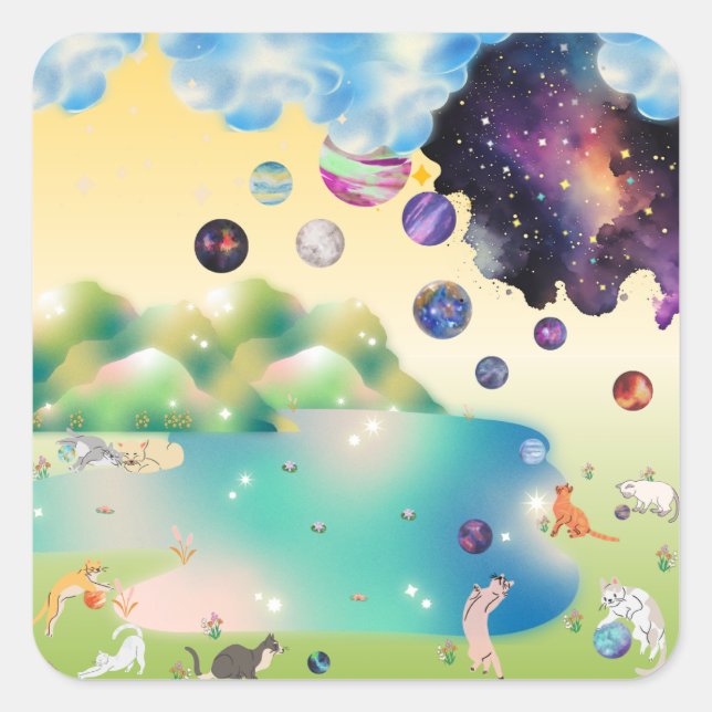Yellow Green Blue Purple Cats Playing Planets  Quadratischer Aufkleber (Vorderseite)