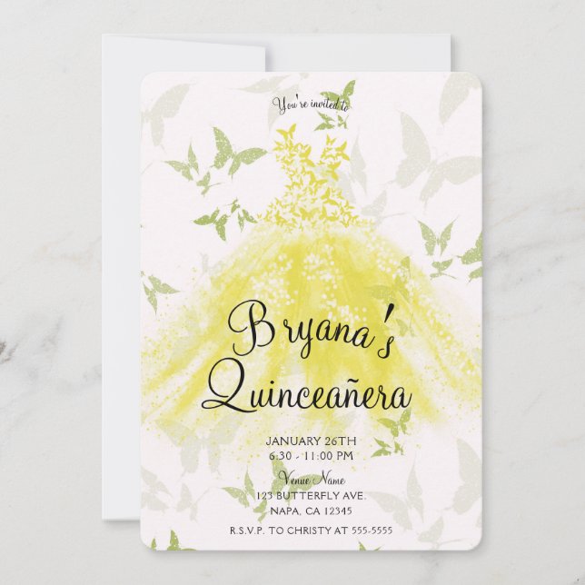 Yellow Green Butterfly Dress Quinceañera Einladung (Vorderseite)