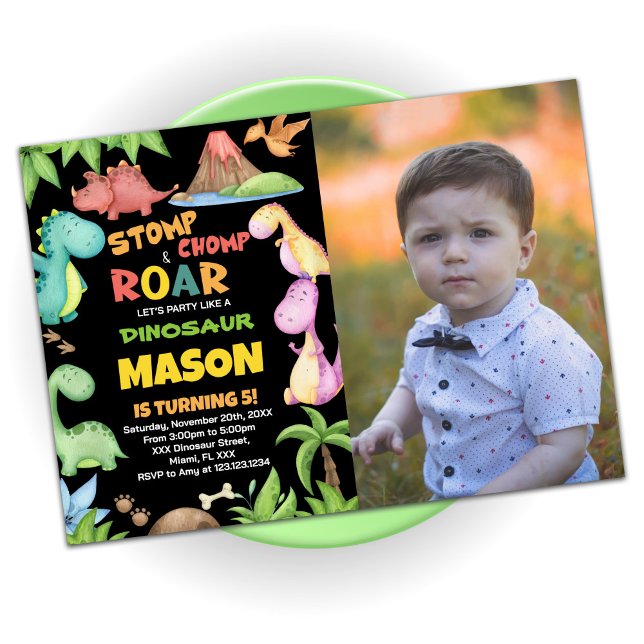 Yellow Green Dinosaurier Geburtstags-Foto Einladung (Yellow Red Green Dinosaur Birthday Photo Invitation)